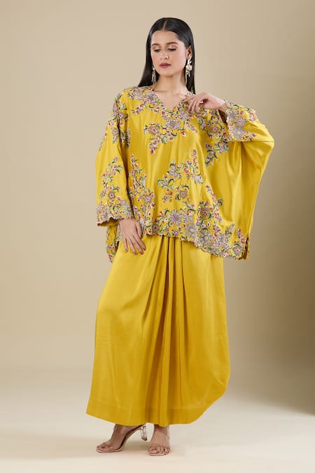 Anamika Khanna Embroidered Yellow Top & Draped Skirt 