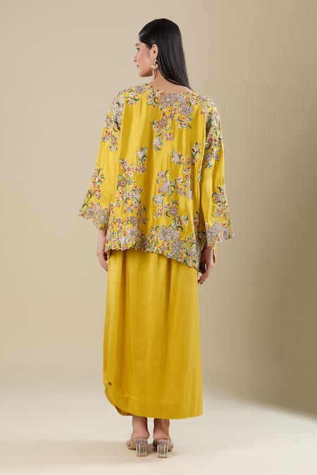 Anamika Khanna Embroidered Yellow Top & Draped Skirt 