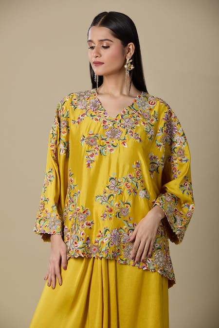 Shop_Anamika Khanna_Yellow Embroidery Round Neck Top And Draped Skirt _Online_at_Aza_Fashions