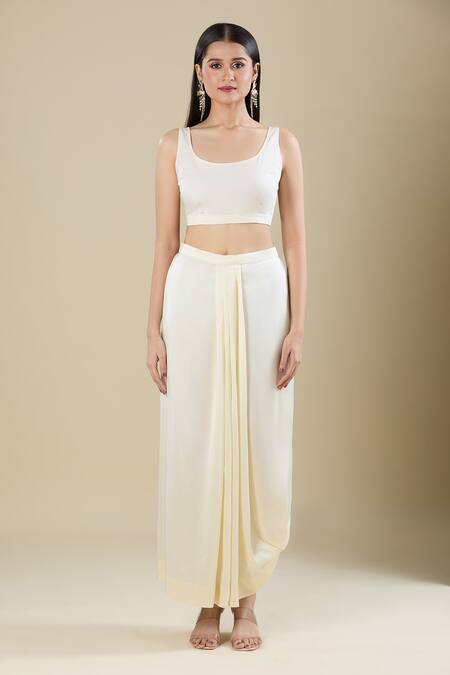 Anamika Khanna_Off White Sequins Round Neck Embroidered Tunic And Draped Skirt Set _Online_at_Aza_Fashions