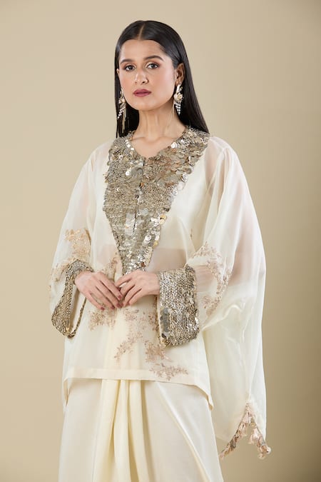 Anamika Khanna_Off White Sequins Round Neck Embroidered Tunic And Draped Skirt Set _at_Aza_Fashions