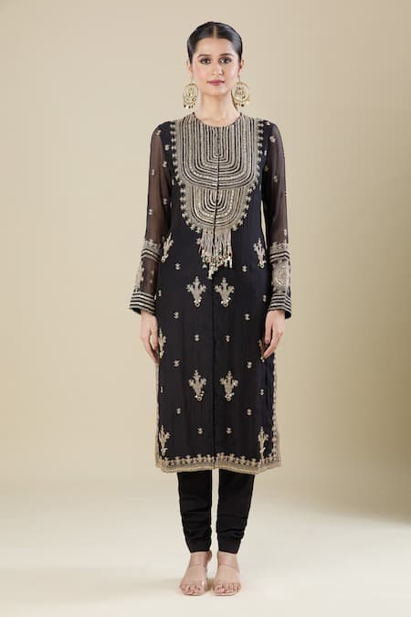 Buy_Anamika Khanna_Black Embroidery Round Neck Kurta Set _Online_at_Aza_Fashions