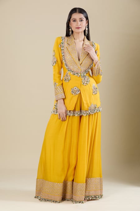 Anamika Khanna Embroidered Kesar Yellow Jacket & Skirt Set 