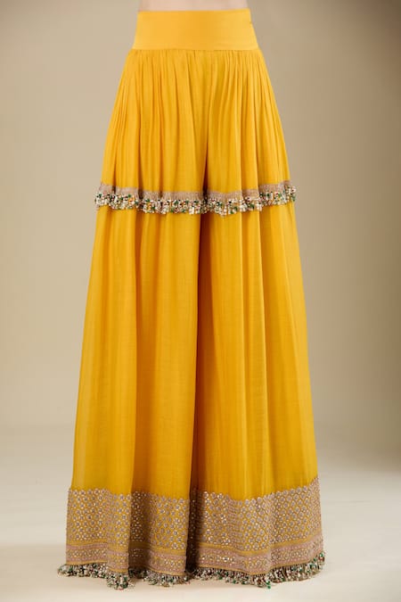 Buy_Anamika Khanna_Yellow Sequins, Embroidery V-neck Kesar Jacket And Skirt Set _Online_at_Aza_Fashions