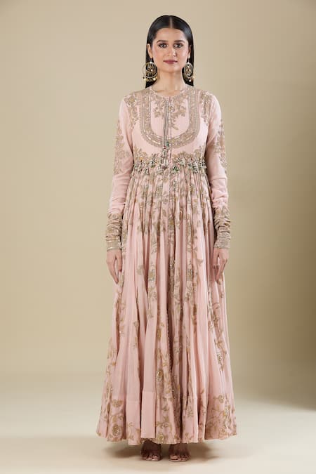 Buy_Anamika Khanna_Pink Cotton Sequins, Beads, Embroidery Round Neck Anarkali Set _Online_at_Aza_Fashions