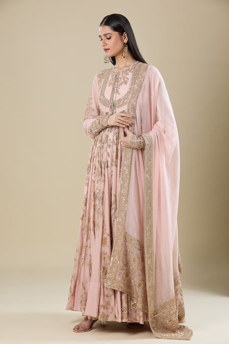 Shop_Anamika Khanna_Pink Cotton Sequins, Beads, Embroidery Round Neck Anarkali Set _Online_at_Aza_Fashions