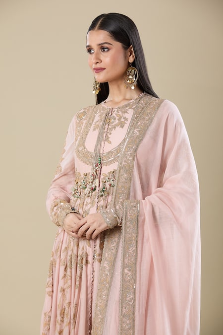Anamika Khanna_Pink Cotton Sequins, Beads, Embroidery Round Neck Anarkali Set _at_Aza_Fashions