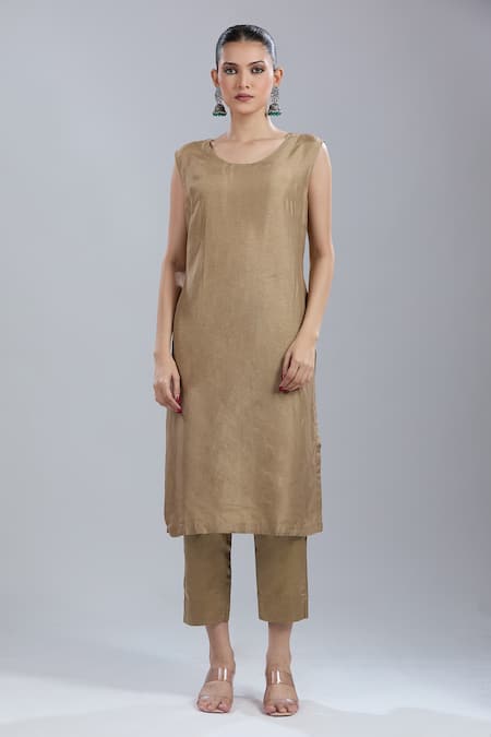 Shop_Prisho_Gold Beads Round Neck Yoke Embroidered Kaftan And Pant Set _Online_at_Aza_Fashions