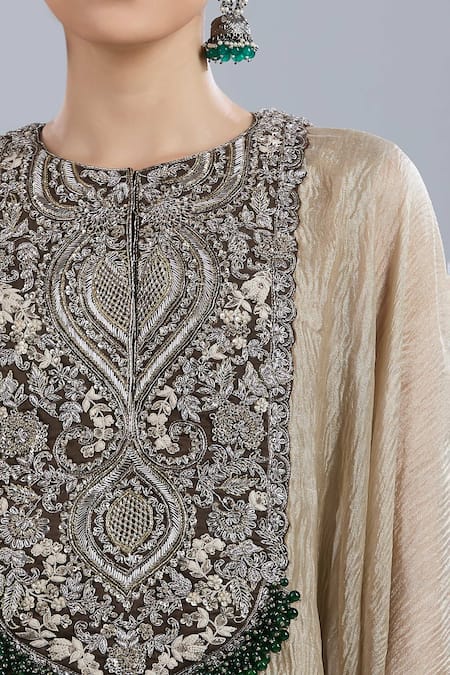 Prisho_Gold Beads Round Neck Yoke Embroidered Kaftan And Pant Set _at_Aza_Fashions