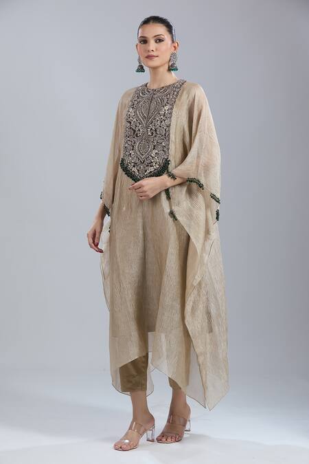 Buy_Prisho_Gold Beads Round Neck Yoke Embroidered Kaftan And Pant Set 
