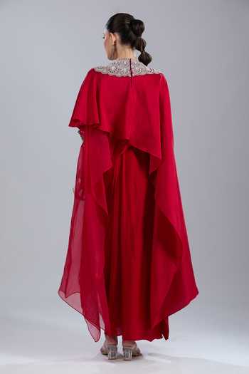 Shop Prisho Red Embroidery, Beads Round Neck Flower Kaftan Skirt Set at Aza Fashions Shop_Prisho_Red Embroidery, Beads Round Neck Flower Kaftan Skirt Set _at_Aza_Fashions