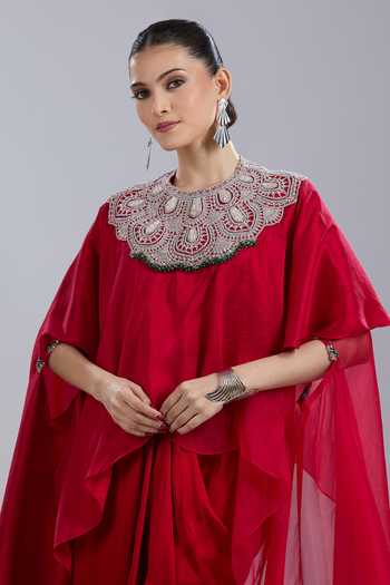 Buy Prisho Red Embroidery, Beads Round Neck Flower Kaftan Skirt Set Online at Aza Fashions Buy_Prisho_Red Embroidery, Beads Round Neck Flower Kaftan Skirt Set _Online_at_Aza_Fashions
