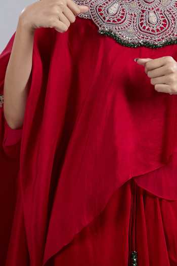 Shop Prisho Red Embroidery, Beads Round Neck Flower Kaftan Skirt Set Online at Aza Fashions Shop_Prisho_Red Embroidery, Beads Round Neck Flower Kaftan Skirt Set _Online_at_Aza_Fashions