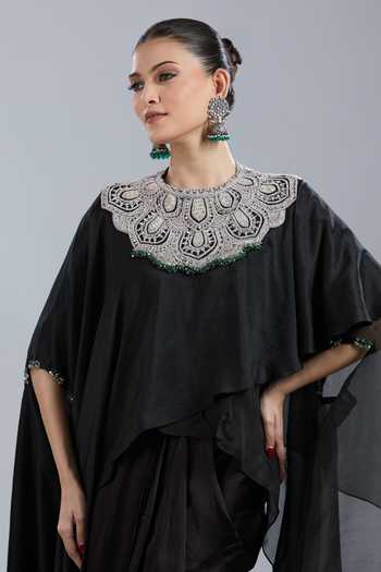 Shop Prisho Black Embroidery Round Neck Floral Kaftan Skirt Set Online at Aza Fashions Shop_Prisho_Black Embroidery Round Neck Floral Kaftan Skirt Set _Online_at_Aza_Fashions