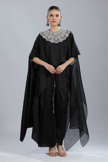 Prisho Black Embroidery Round Neck Floral Kaftan Skirt Set at Aza Fashions Prisho_Black Embroidery Round Neck Floral Kaftan Skirt Set _at_Aza_Fashions