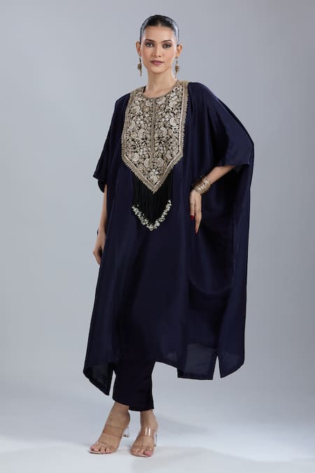 Prisho Blue Round Neck Resham Embroidered Kaftan And Pant Set