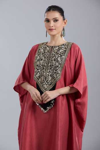 Prisho_Orange Embroidery, Fringe Round Neck Dori Work Kaftan And Pant Set _Online_at_Aza_Fashions