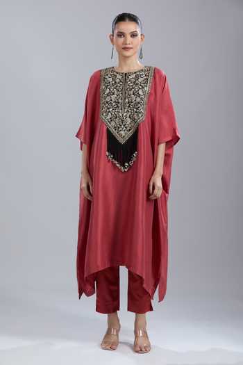 Shop_Prisho_Orange Embroidery, Fringe Round Neck Dori Work Kaftan And Pant Set _Online_at_Aza_Fashions