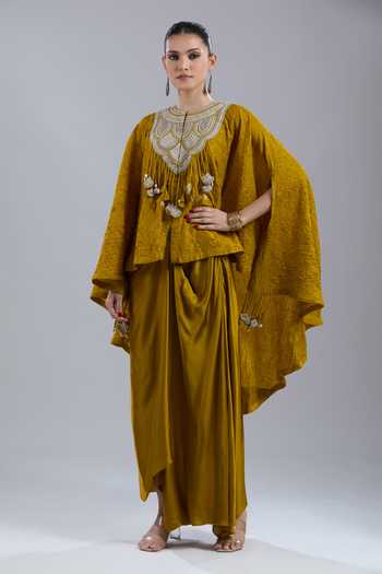 Prisho Crushed Embroidered Kaftan & Skirt Set 
