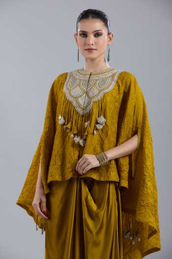 Prisho_Mustard Beads Round Neck Crushed Embroidered Kaftan And Skirt Set _Online_at_Aza_Fashions