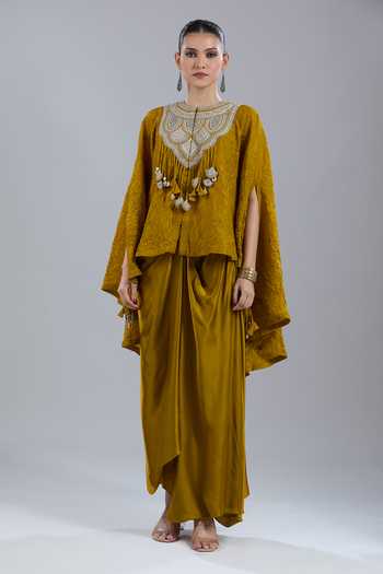 Buy_Prisho_Mustard Beads Round Neck Crushed Embroidered Kaftan And Skirt Set _Online_at_Aza_Fashions