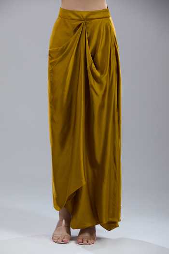 Shop_Prisho_Mustard Beads Round Neck Crushed Embroidered Kaftan And Skirt Set _Online_at_Aza_Fashions
