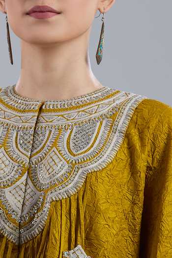 Prisho_Mustard Beads Round Neck Crushed Embroidered Kaftan And Skirt Set _at_Aza_Fashions