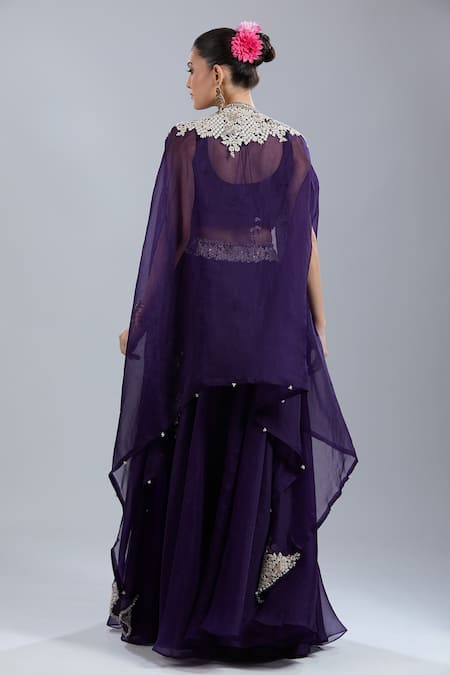 Shop Prisho Purple Embroidery Open , Round Cape Skirt Set at Aza Fashions Shop_Prisho_Purple Embroidery Open , Round Cape Skirt Set _at_Aza_Fashions