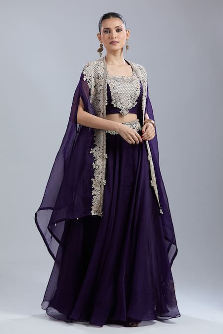Shop Prisho Purple Embroidery Open , Round Cape Skirt Set Online at Aza Fashions Shop_Prisho_Purple Embroidery Open , Round Cape Skirt Set _Online_at_Aza_Fashions
