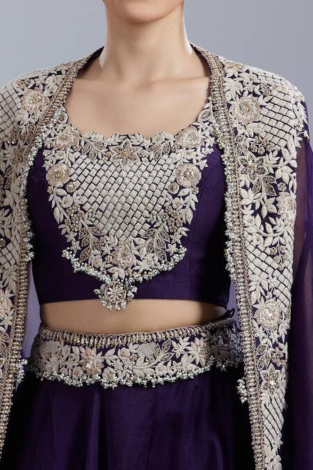 Prisho Purple Embroidery Open , Round Cape Skirt Set at Aza Fashions Prisho_Purple Embroidery Open , Round Cape Skirt Set _at_Aza_Fashions