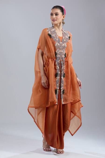 Shop_Prisho_Orange Embroidery Round , Sweetheart Dori Cape Pant Set _Online_at_Aza_Fashions