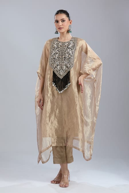 Shop_Prisho_Gold Tissue Embroidery, Fringe Round Neck Resham Kaftan And Pant Set _Online_at_Aza_Fashions