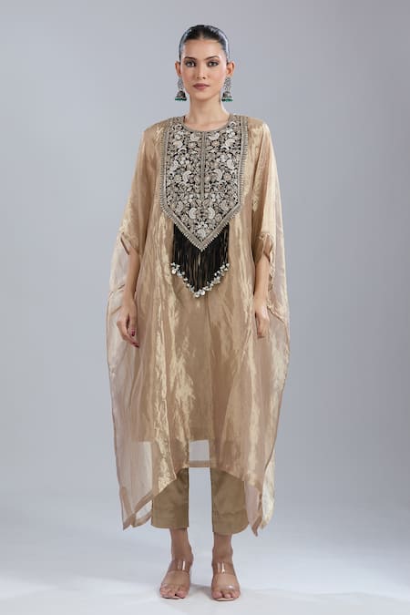 Buy_Prisho_Gold Tissue Embroidery, Fringe Round Neck Resham Kaftan And Pant Set 