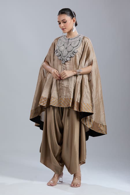 Prisho_Gold Tissue Embroidery Round Neck Kaftan And Draped Pant Set _Online_at_Aza_Fashions
