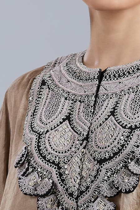 Buy_Prisho_Gold Tissue Embroidery Round Neck Kaftan And Draped Pant Set _Online_at_Aza_Fashions