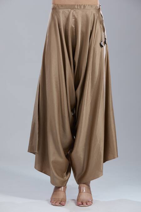 Shop_Prisho_Gold Tissue Embroidery Round Neck Kaftan And Draped Pant Set _Online_at_Aza_Fashions