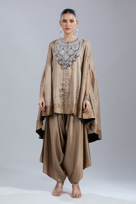 Prisho_Gold Tissue Embroidery Round Neck Kaftan And Draped Pant Set _at_Aza_Fashions