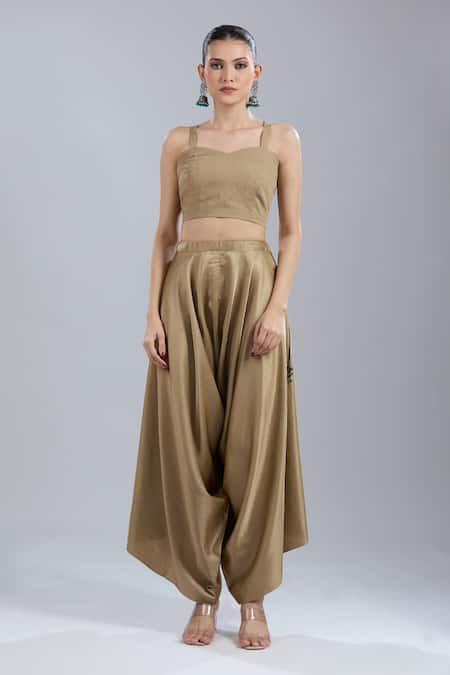 Prisho_Gold Beads Round Neck Embroidered Kaftan Pant Set _Online_at_Aza_Fashions