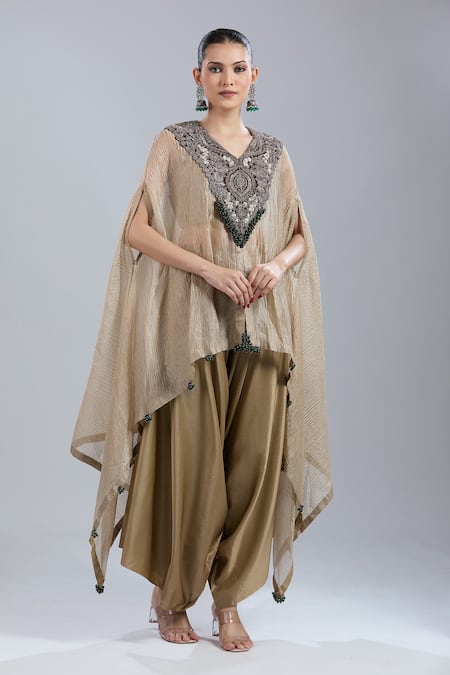 Buy_Prisho_Gold Beads Round Neck Embroidered Kaftan Pant Set _Online_at_Aza_Fashions