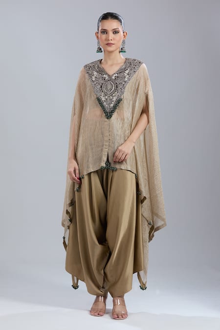 Shop_Prisho_Gold Beads Round Neck Embroidered Kaftan Pant Set _Online_at_Aza_Fashions