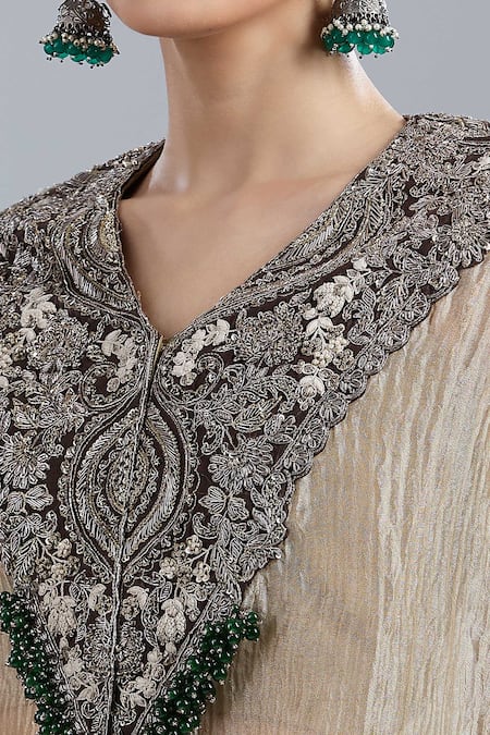 Prisho_Gold Beads Round Neck Embroidered Kaftan Pant Set _at_Aza_Fashions