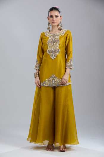 Prisho_Mustard Embroidery Round Neck Floral Kurta Sharara Set _Online_at_Aza_Fashions