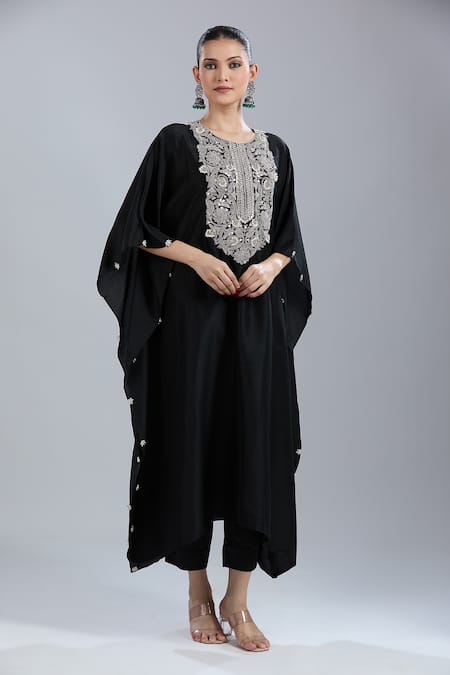 Buy Prisho Black Gota Patti Round Neck Embroidered Kaftan And Pant Set Online at Aza Fashions Buy_Prisho_Black Gota Patti Round Neck Embroidered Kaftan And Pant Set _Online_at_Aza_Fashions