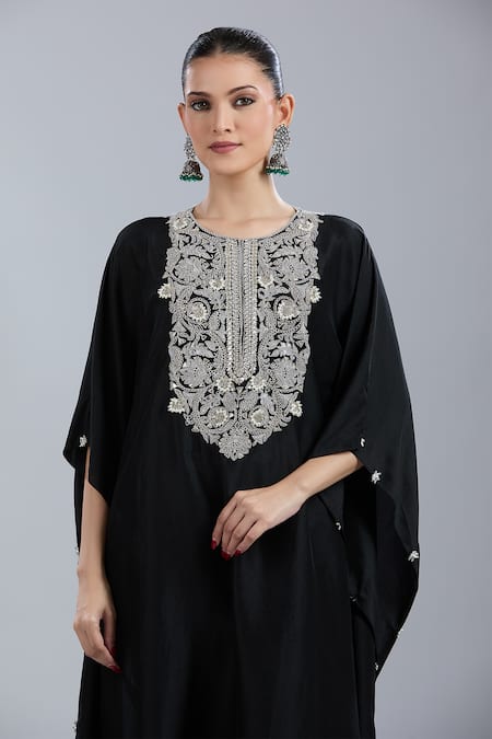 Shop Prisho Black Gota Patti Round Neck Embroidered Kaftan And Pant Set Online at Aza Fashions Shop_Prisho_Black Gota Patti Round Neck Embroidered Kaftan And Pant Set _Online_at_Aza_Fashions