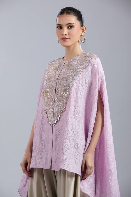 Prisho_Purple Sequins Round Neck Embroidered Kaftan And Pant Set _Online_at_Aza_Fashions