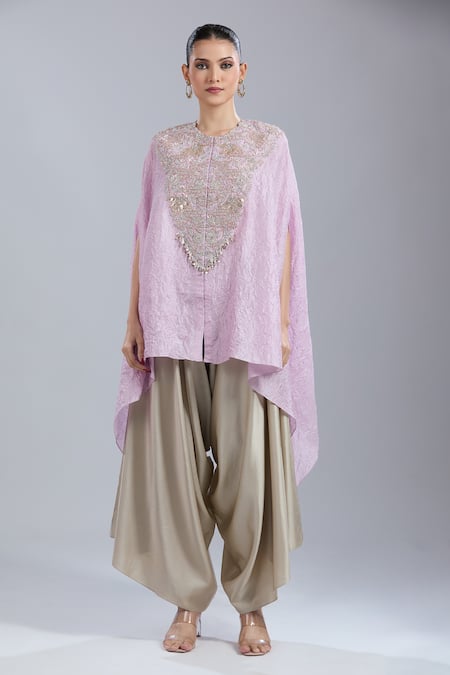 Prisho_Purple Sequins Round Neck Embroidered Kaftan And Pant Set _at_Aza_Fashions