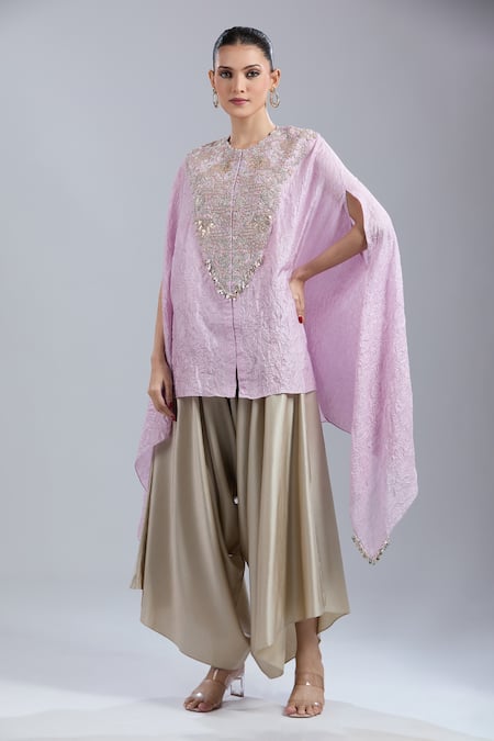 Prisho Purple Sequins Round Neck Embroidered Kaftan And Pant Set