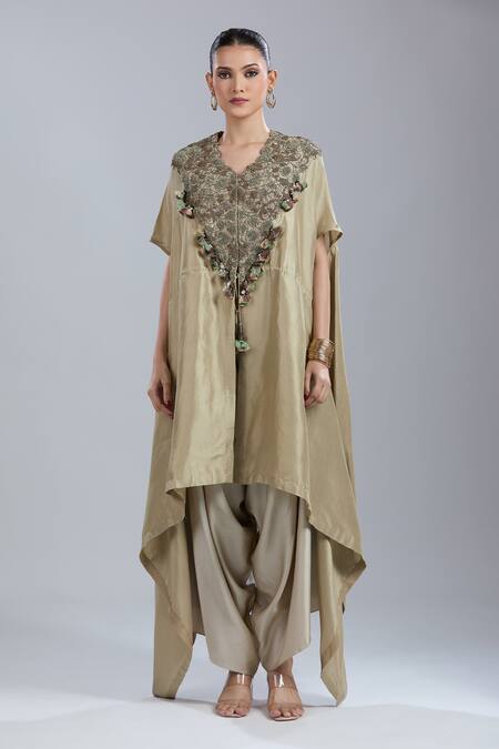 Prisho_Beige Tassels V-neck Dori Embroidered Kaftan And Pant Set _Online_at_Aza_Fashions