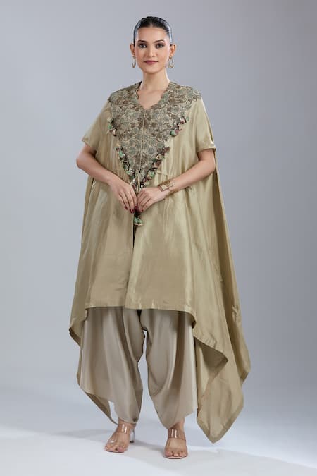 Prisho Beige Tassels V-neck Dori Embroidered Kaftan And Pant Set 