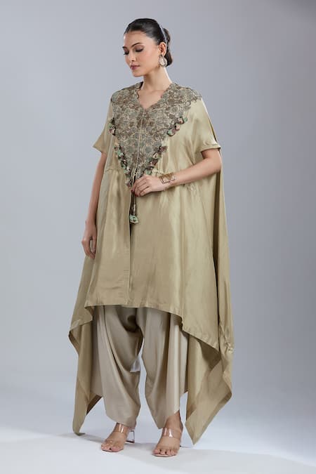 Shop_Prisho_Beige Tassels V-neck Dori Embroidered Kaftan And Pant Set _Online_at_Aza_Fashions